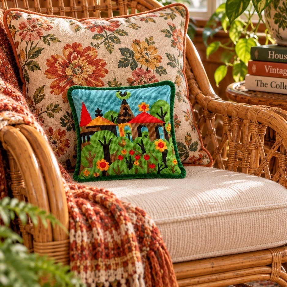 Vintage Folk Art Needlepoint Village Scene Throw Pillow Green Velvet Back 9.5\