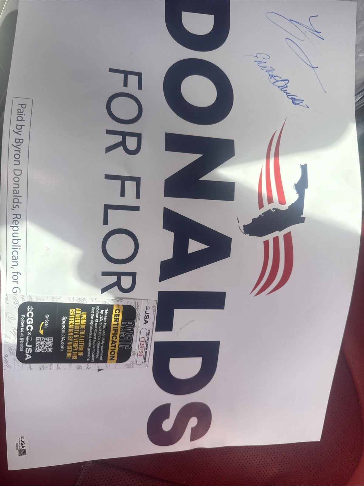 Byron Donalds & Erika Donalds Signed Campaign Rally Sign  Jsa Coa CI28750