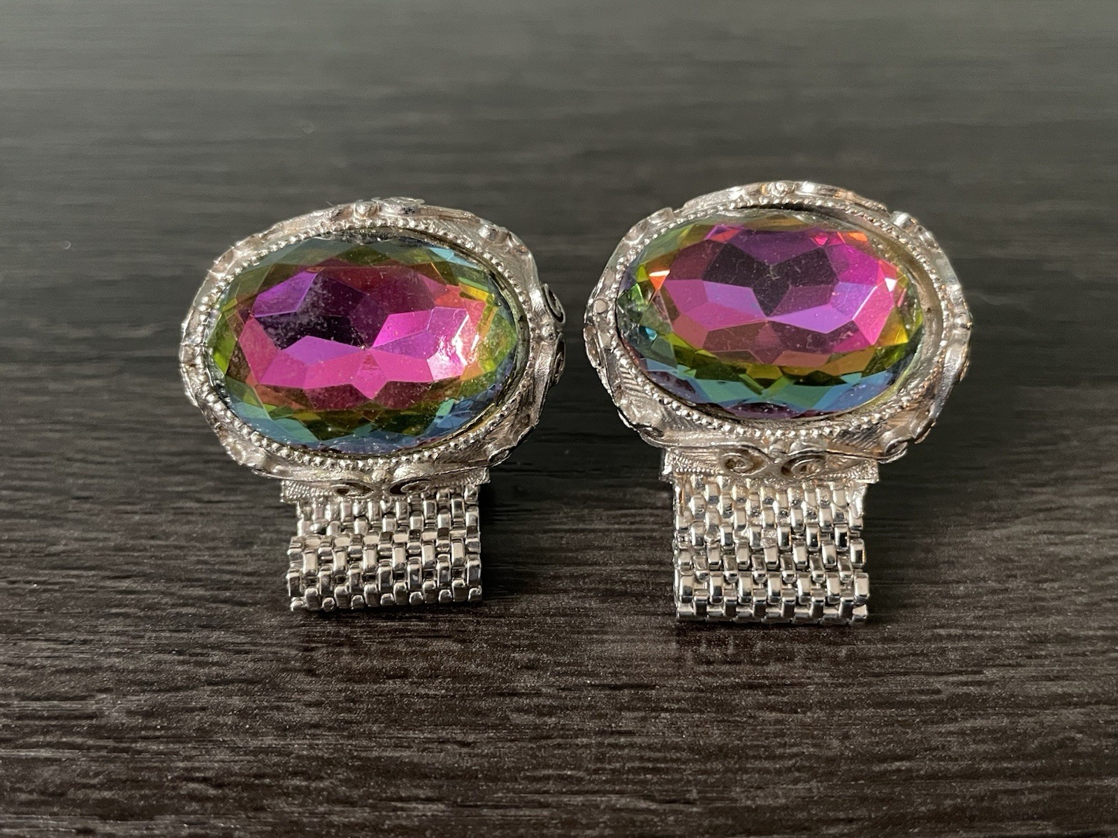 Vtg 1960s Swank Mesh Wraparound Cufflinks Watermelon Rivoli Rainbow Glass Silver