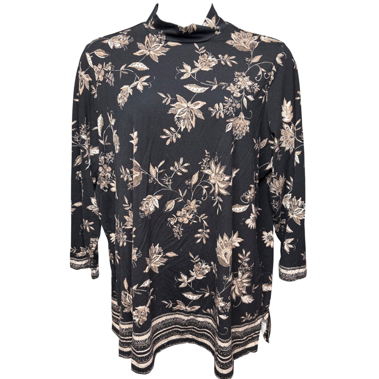 SUSAN GRAVER Womens Black Floral Tunic Top 2X Mock Neck Boho-Chic Modest Office