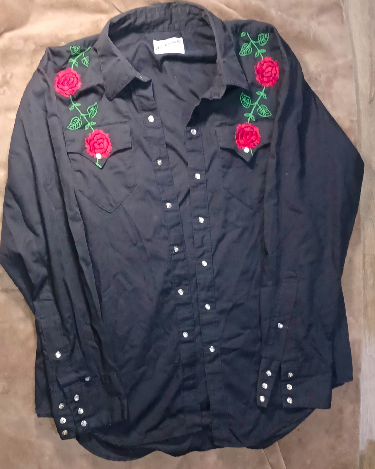 VTG 70\'s era Rockmount Ranch Wear Tru West Rose Embroidered Pearl Snap Shirt XL 
