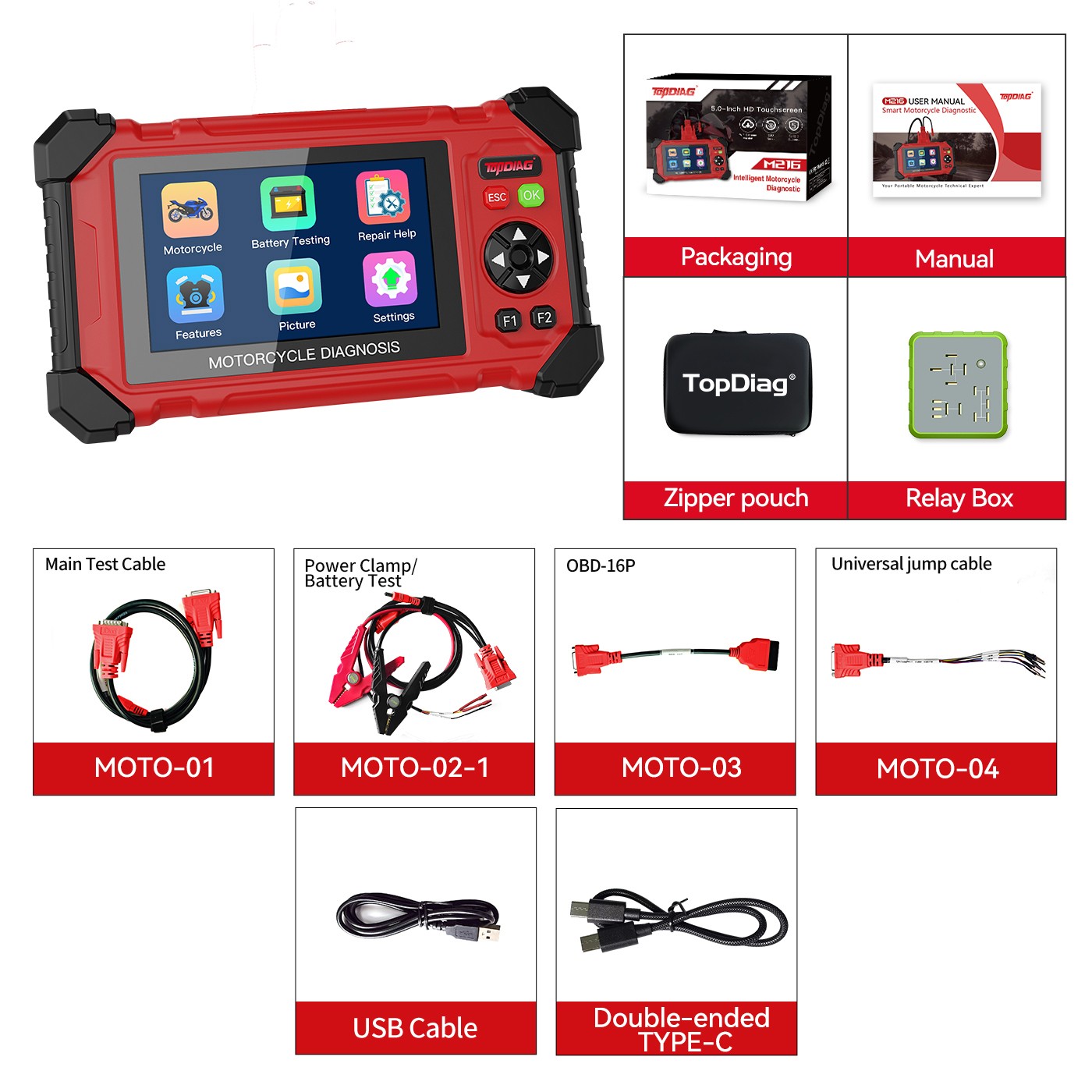 M216 Motorcycle Diagnostic Tool Full System OBD2 Scanner Battery Tester EURO5