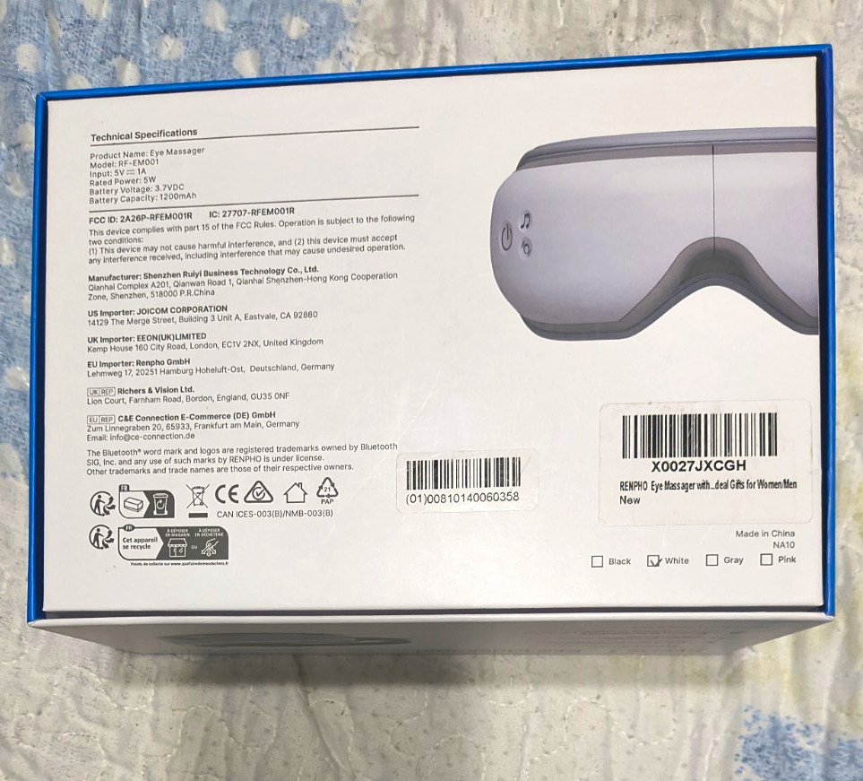 RENPHO EYERIS 1 Electric Eye Massager Bluetooth Heat Setting White/Gray