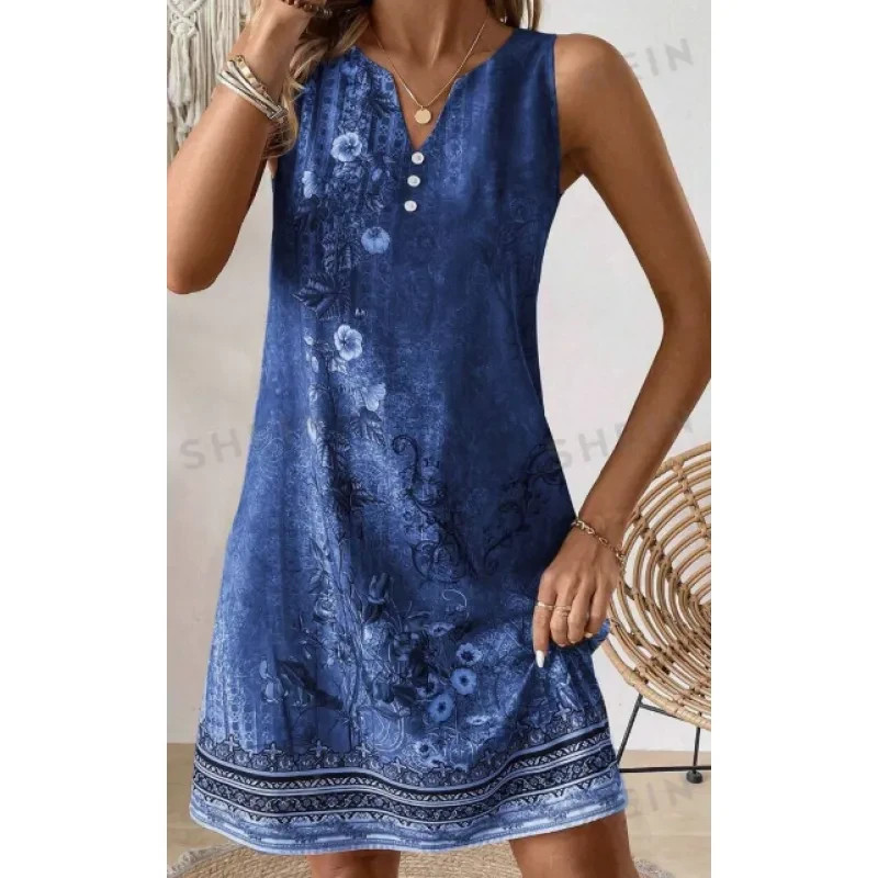 Women's Summer Holiday Floral Print Sleeveless V-Neck Loose Dress With Slit Women's Summer Holiday Floral Print Sleeveless V-Neck Loose Dress With Slit
