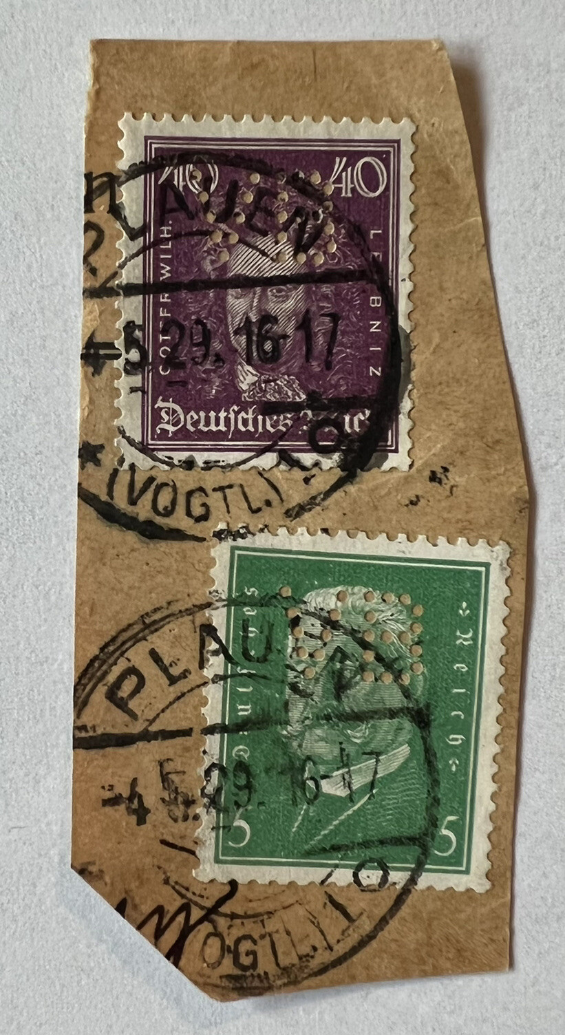 1929 GERMANY PERFIN STAMPS WITH PLAUEN VOGTLAND SON SOTN BULLSEYE CANCELS 1929 GERMANY PERFIN STAMPS WITH PLAUEN VOGTLAND SON SOTN BULLSEYE CANCELS
