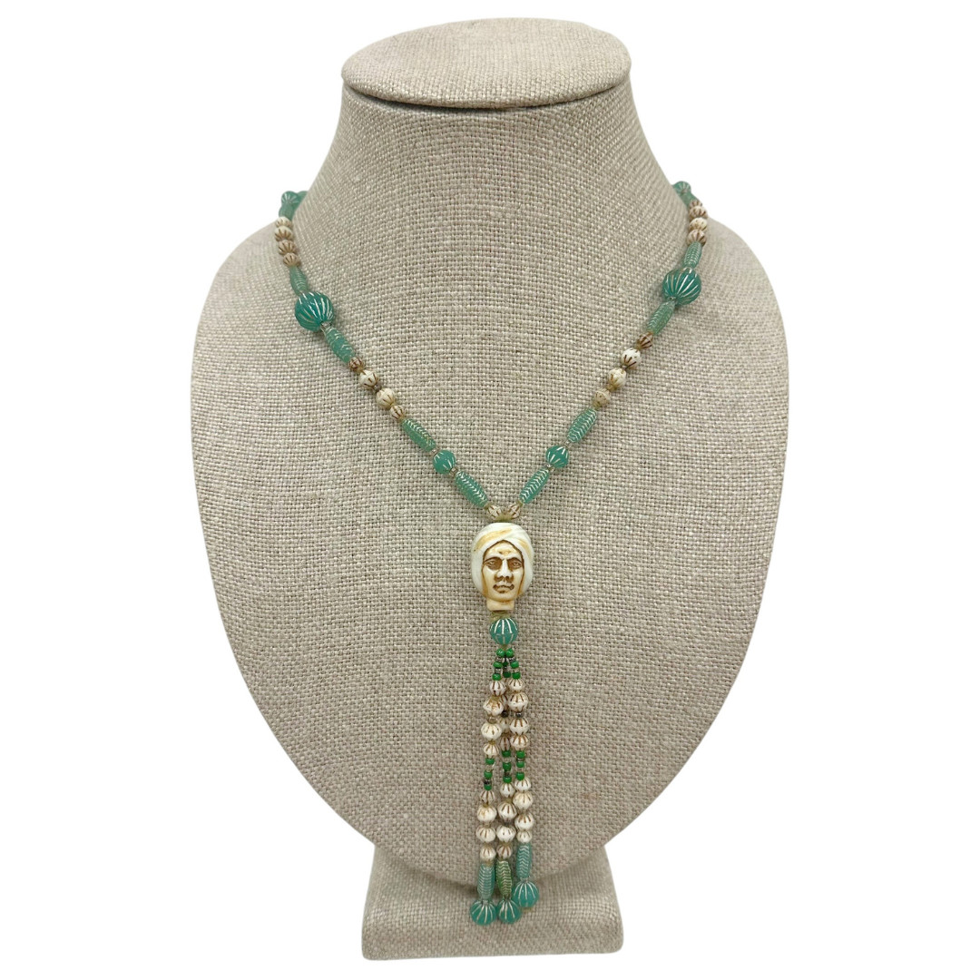 Antique 1920s Neiger Brothers Egyptian Revival Uranium Glass GLOWS Necklace