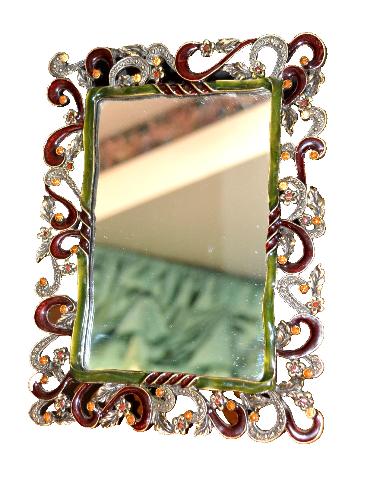 VTG Ornate Enamel Brass Rhinestone Picture Frame / MIRROR 4x6 Photo NEW Easel
