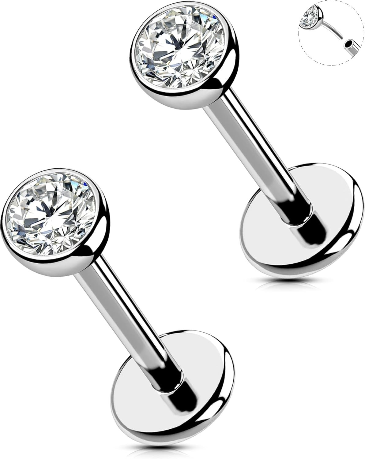 OUFER 2Pcs 20G/18G/16G G23 Titanium Threadless Nose Stud Earrings Flat Back Tiny