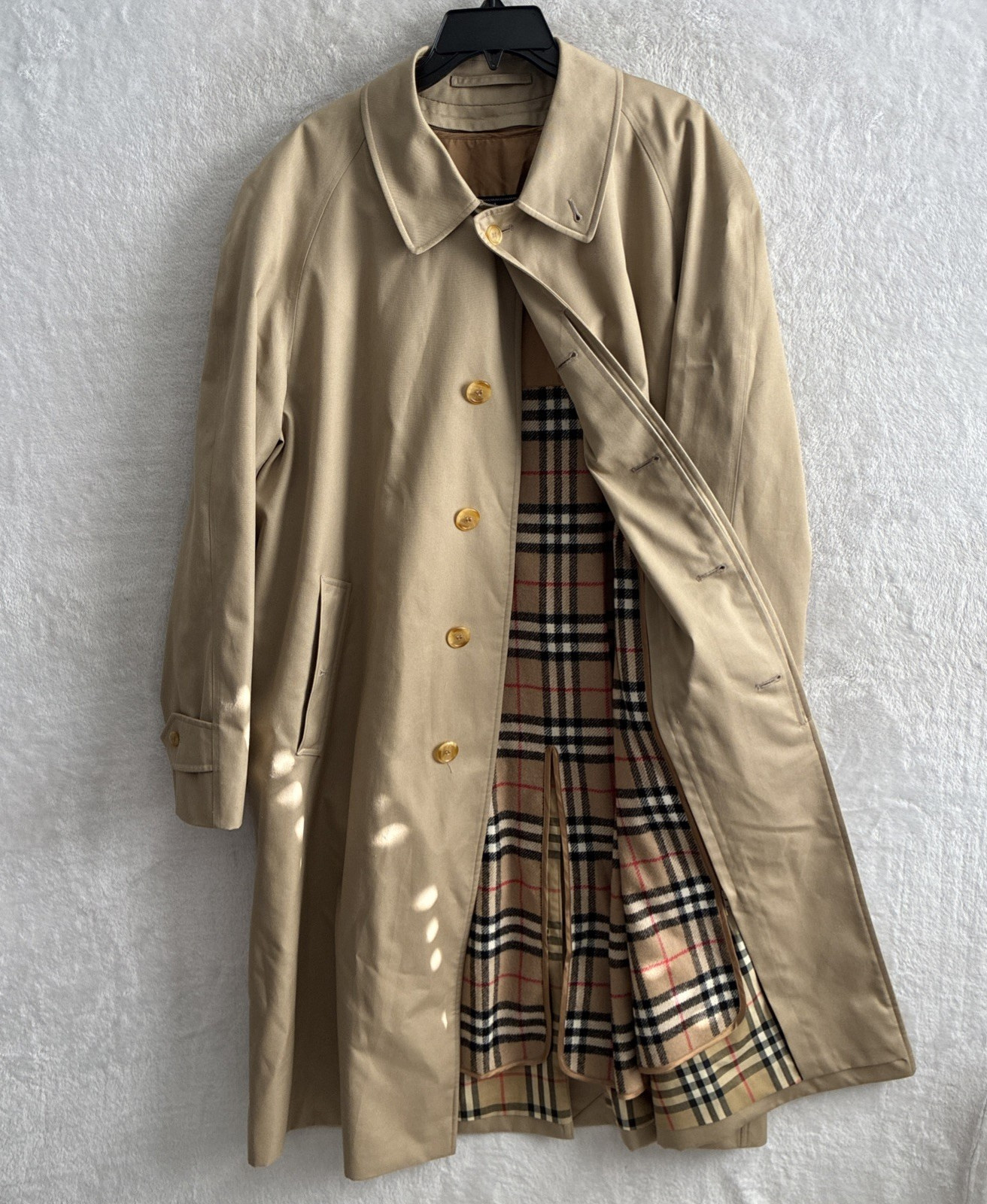 Burberry Mens Trench Coat Nova Check Beige Large Wool Long Sleeve Button