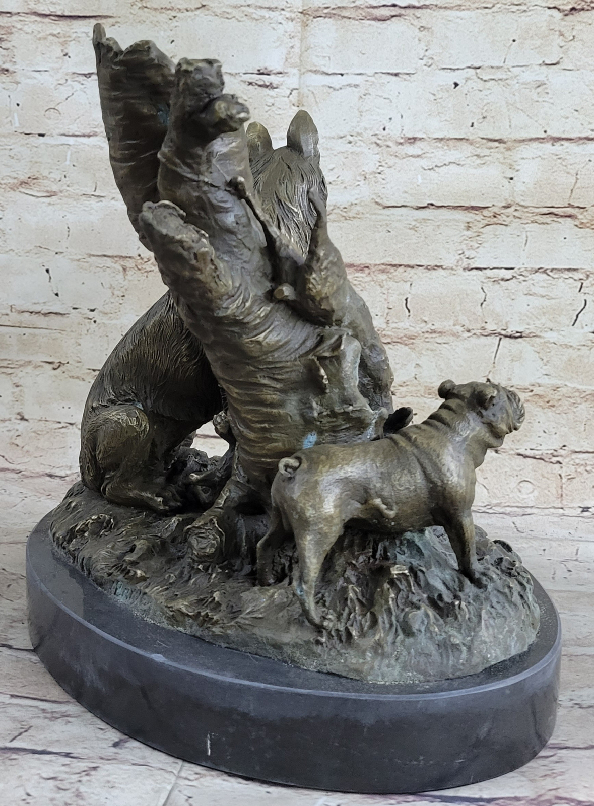HUNTING DOGS ENGLISH BULLDOG SHEPHERD BRONZE SCULPTURE FIGURINE MARBLE BASE ART
