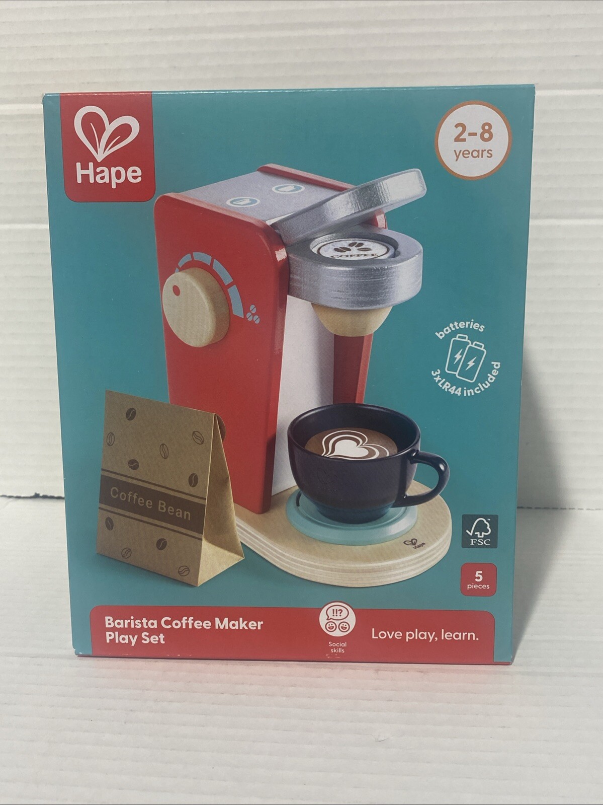HAPE Barista Coffee Maker playset Quality Wood Toy with sounds 5 piece set