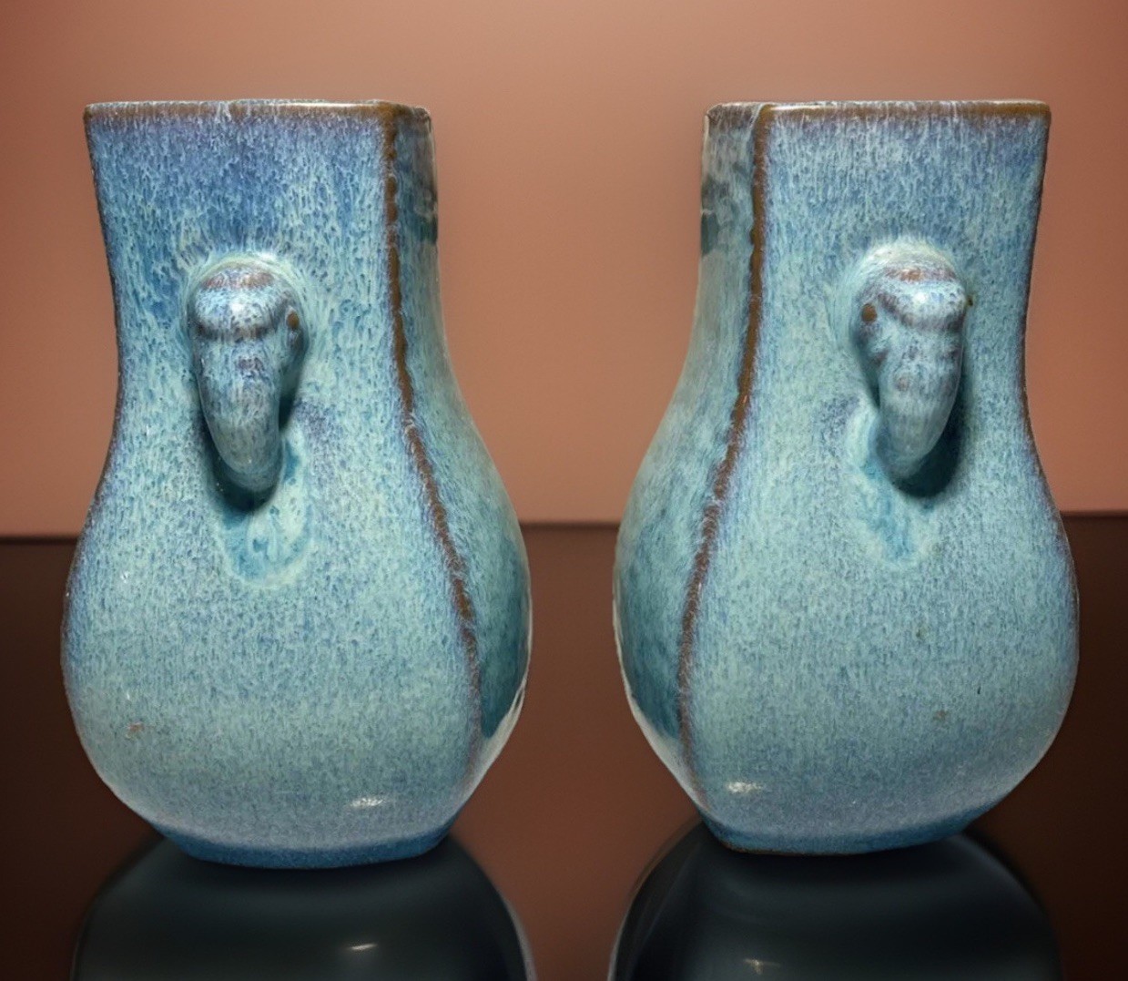 Vintage Pair Chinese Jun Kiln Stoneware Vases 6”x4” Vintage Pair Chinese Jun Kiln Stoneware Vases 6”x4”