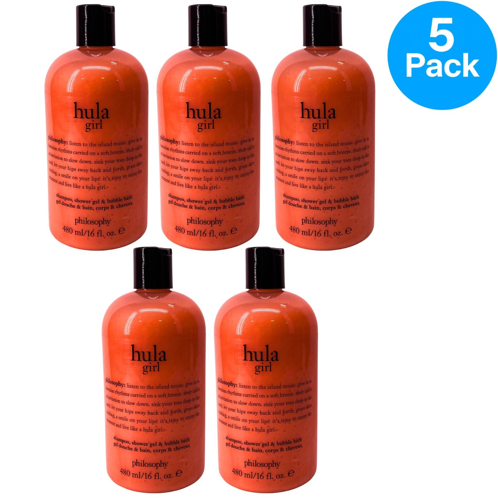 Philosophy Hula Girl Shampoo Shower Gel & Bubble Bath 16 fl oz 5 Pack Bundle