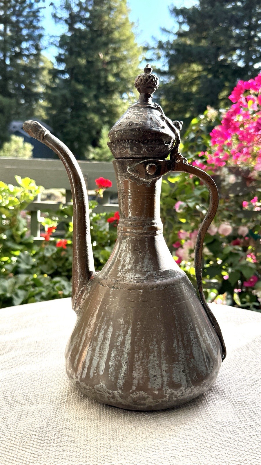 Antique 19th C Middle Eastern Tinned Copper Aftaba Ewer Long Spout Hinged Lid