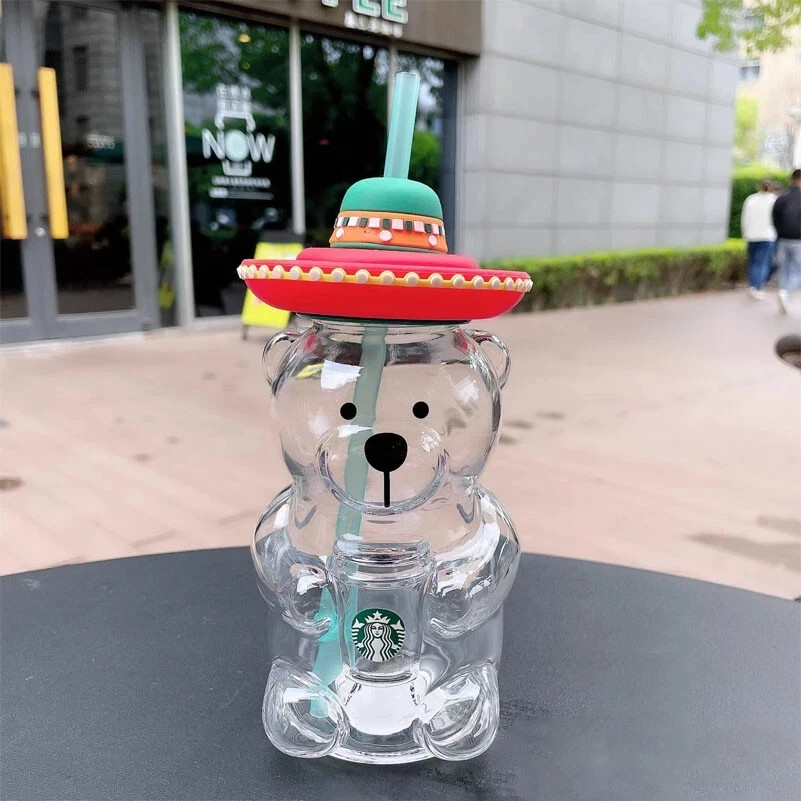 New Starbucks 2020 China Latin America Hat Bear 17oz Glass Cold Cup Tumbler New Starbucks 2020 China Latin America Hat Bear 17oz Glass Cold Cup Tumbler