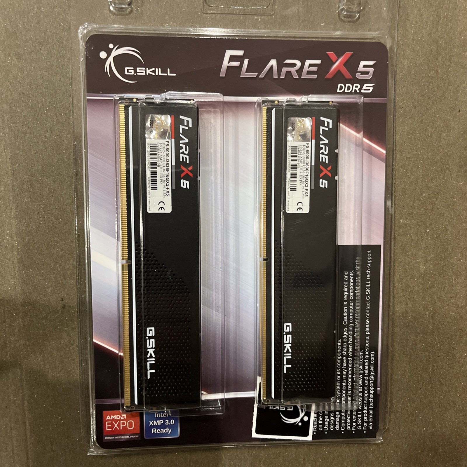 NEW G.SKILL FLARE X5 32GB (2x16GB) DDR5 CL36 6000MHZ DIMM F5-6000J3636F16GX2-FX5