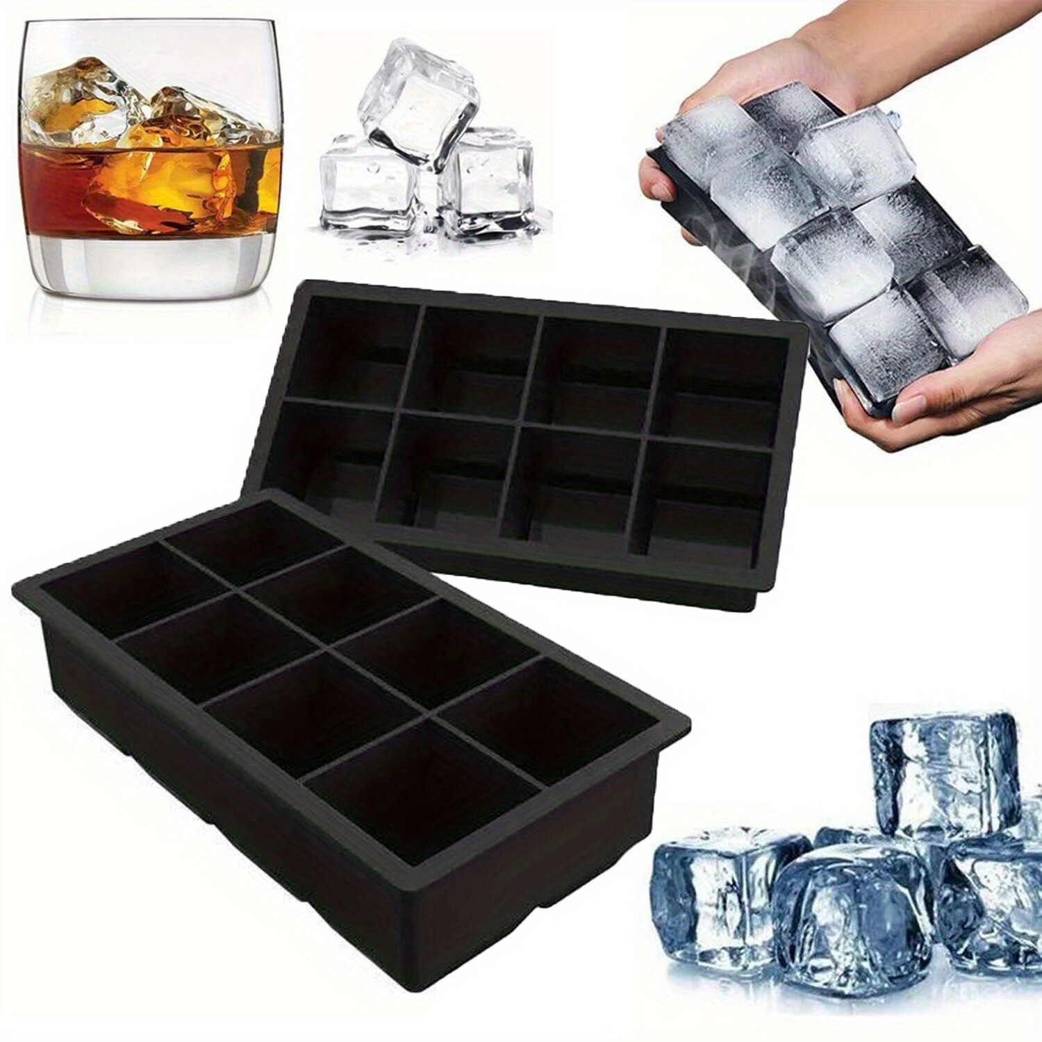 2 Pack Large Silicone Ice Cube Trays Square Ice Cube Molds for Whiskey 16 cubes