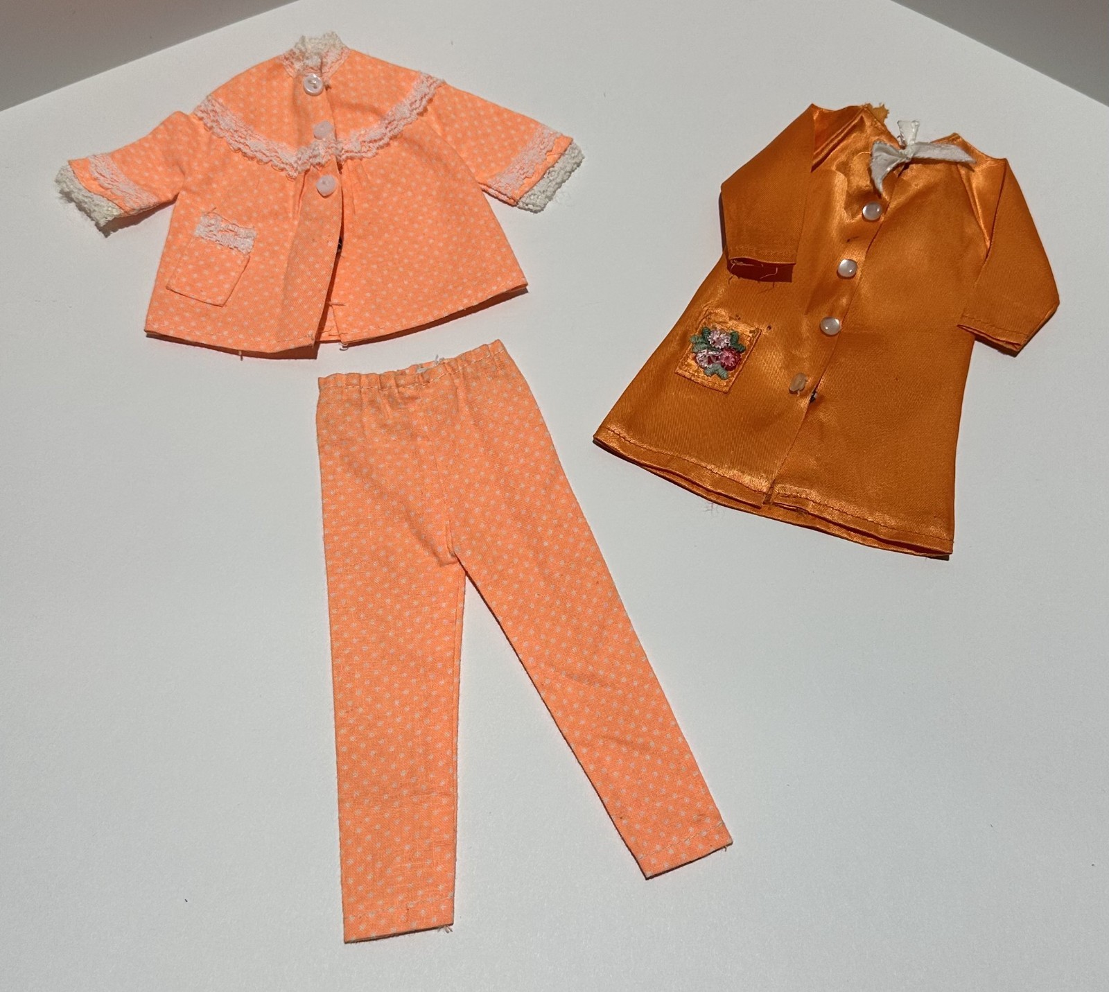 VTG 1968 Barbie Clone JCPenney  Orange polka dot pajama set & Orange Satin Robe