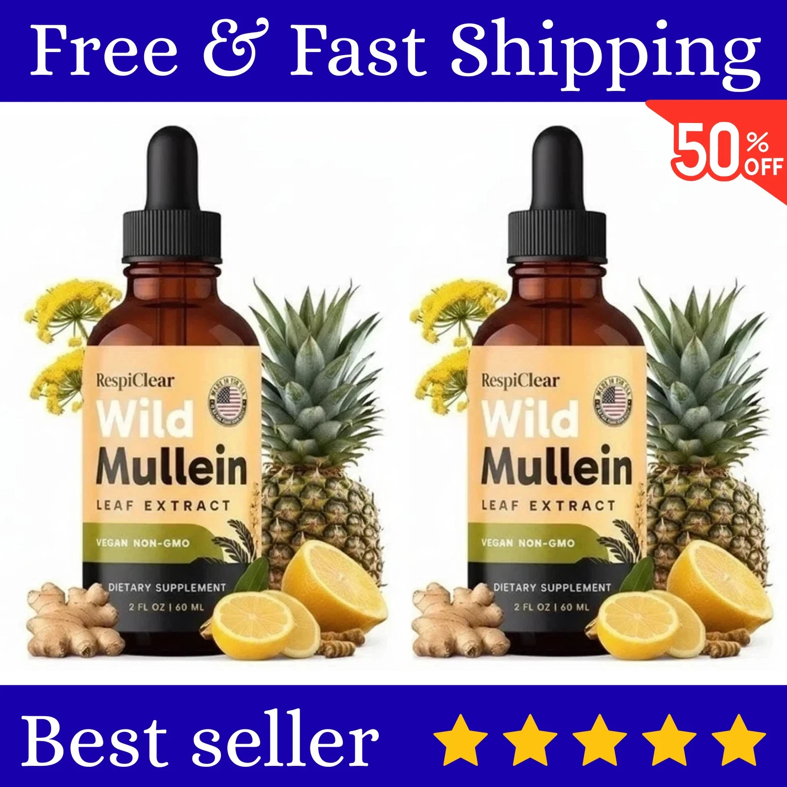 2 Pack RespiClear Wild Mullein Leaf Extract Liquid Drops Vegan Non-GMO Lemon 2 Pack RespiClear Wild Mullein Leaf Extract Liquid Drops Vegan Non-GMO Lemon