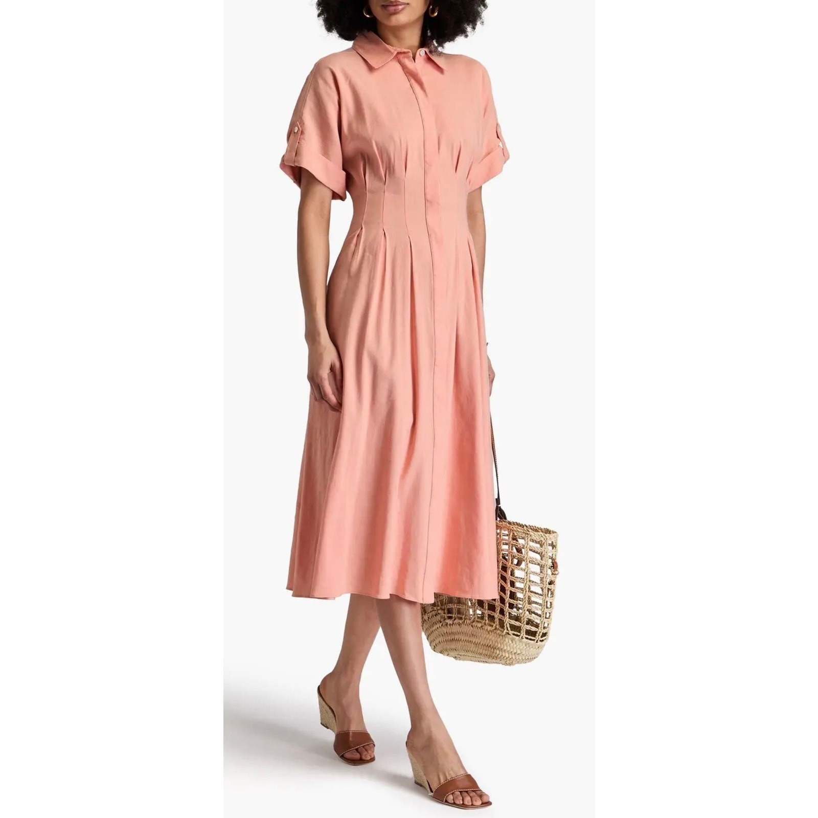 Veronica Beard Adavi Dress Coral Linen Blend Midi Shirt Dress size 4