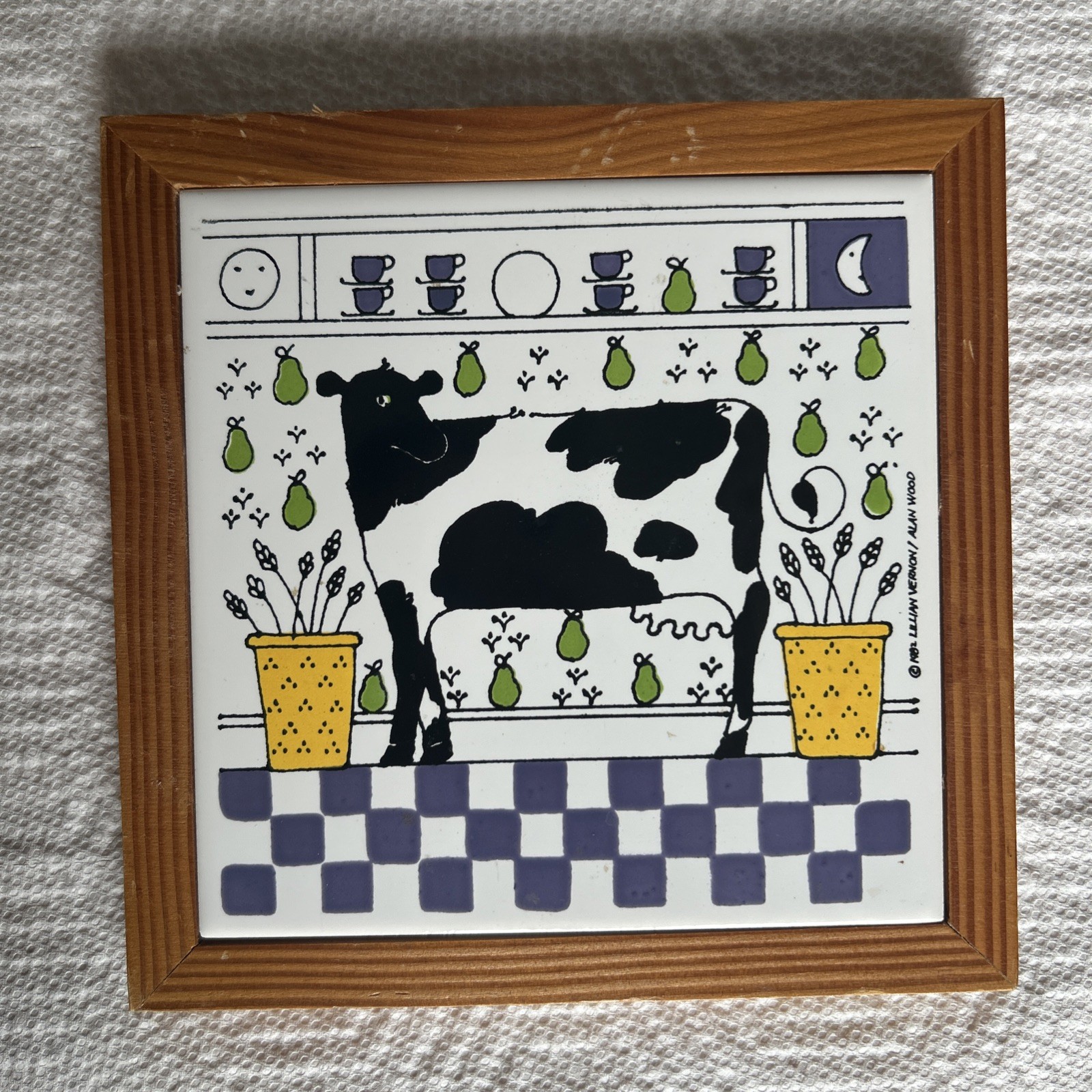 Vintage Lillian Vernon Alan Wood framed cow tile wall plaque trivet 1982