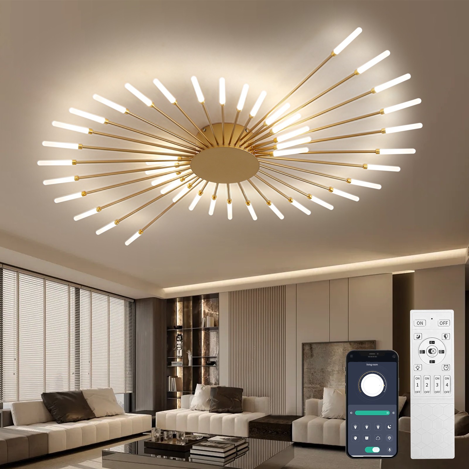 42-Light Fireworks Ceiling Light LED Flush Mount App Remote Dimmable Modern