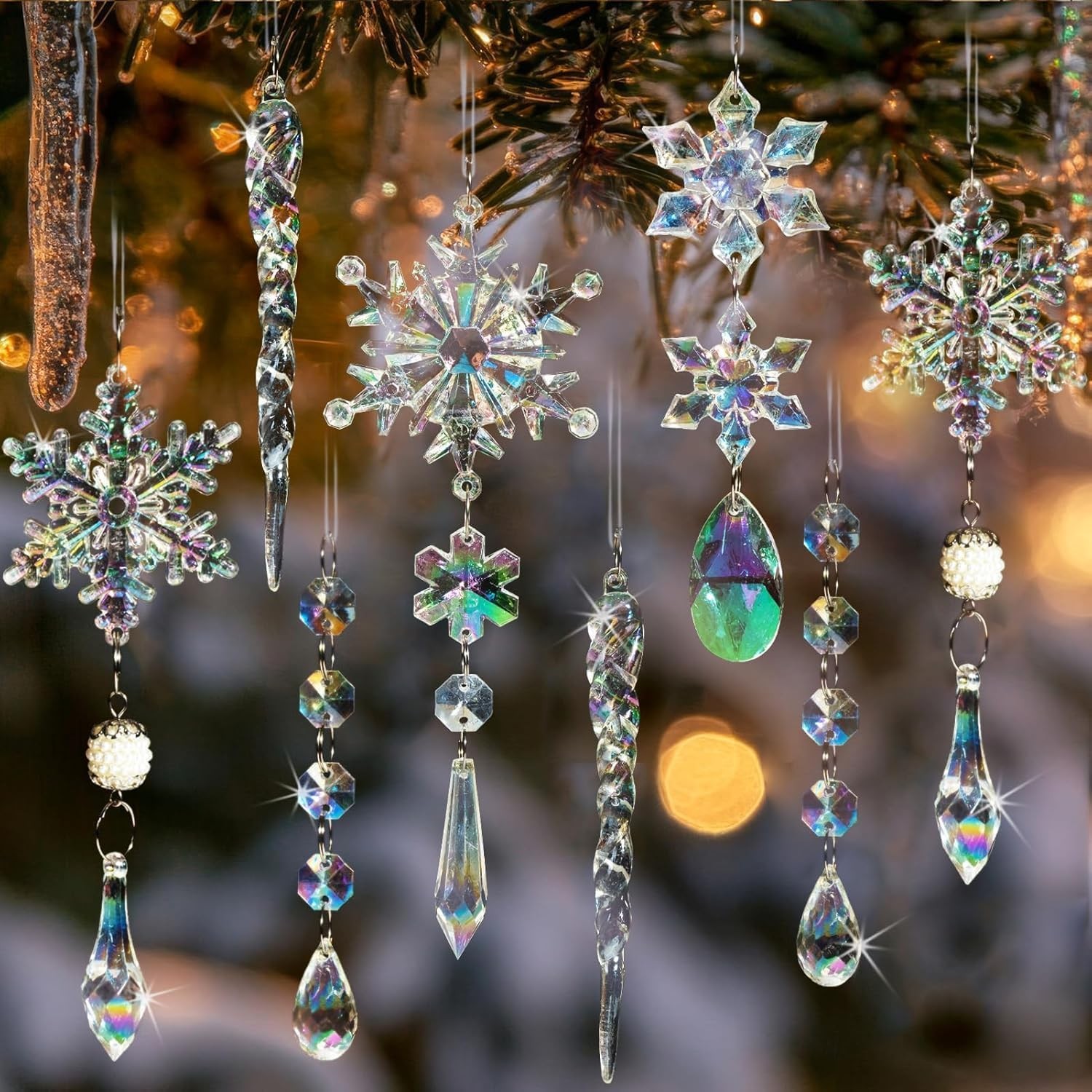 18pcs Iridescent Acrylic Snowflake Icicle, Crystal Christmas Tree Ornaments 18pcs Iridescent Acrylic Snowflake Icicle, Crystal Christmas Tree Ornaments