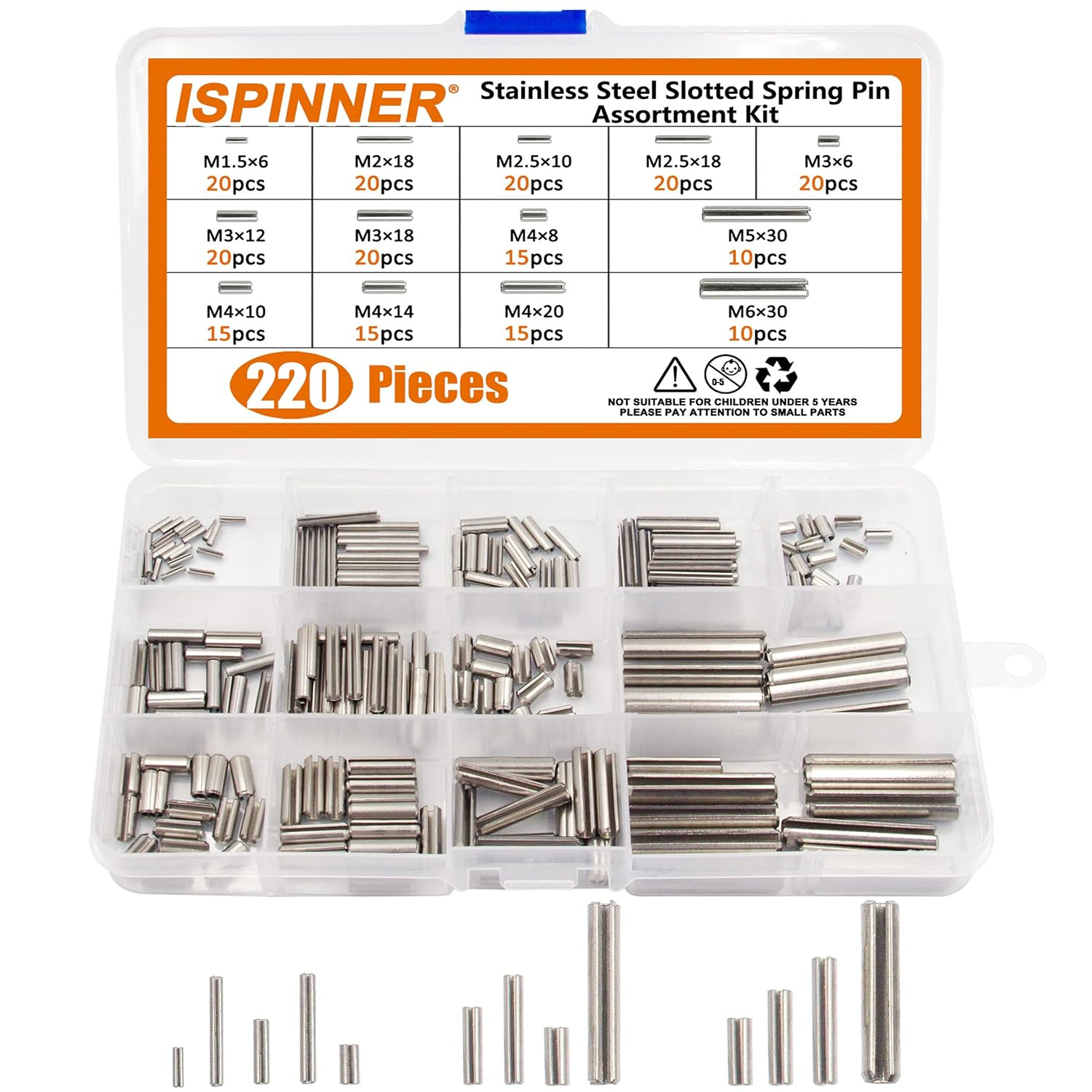 ISPINNER 220Pcs Roll Pin Set, Stainless Steel Slotted Spring Pin Assortment Kit