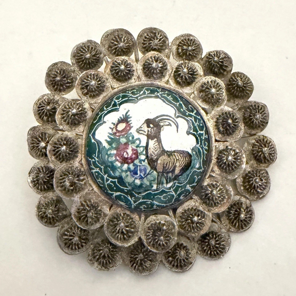 Vintage Antique Sterling Silver Enamel Brooch Persian Filigree Hand Painted