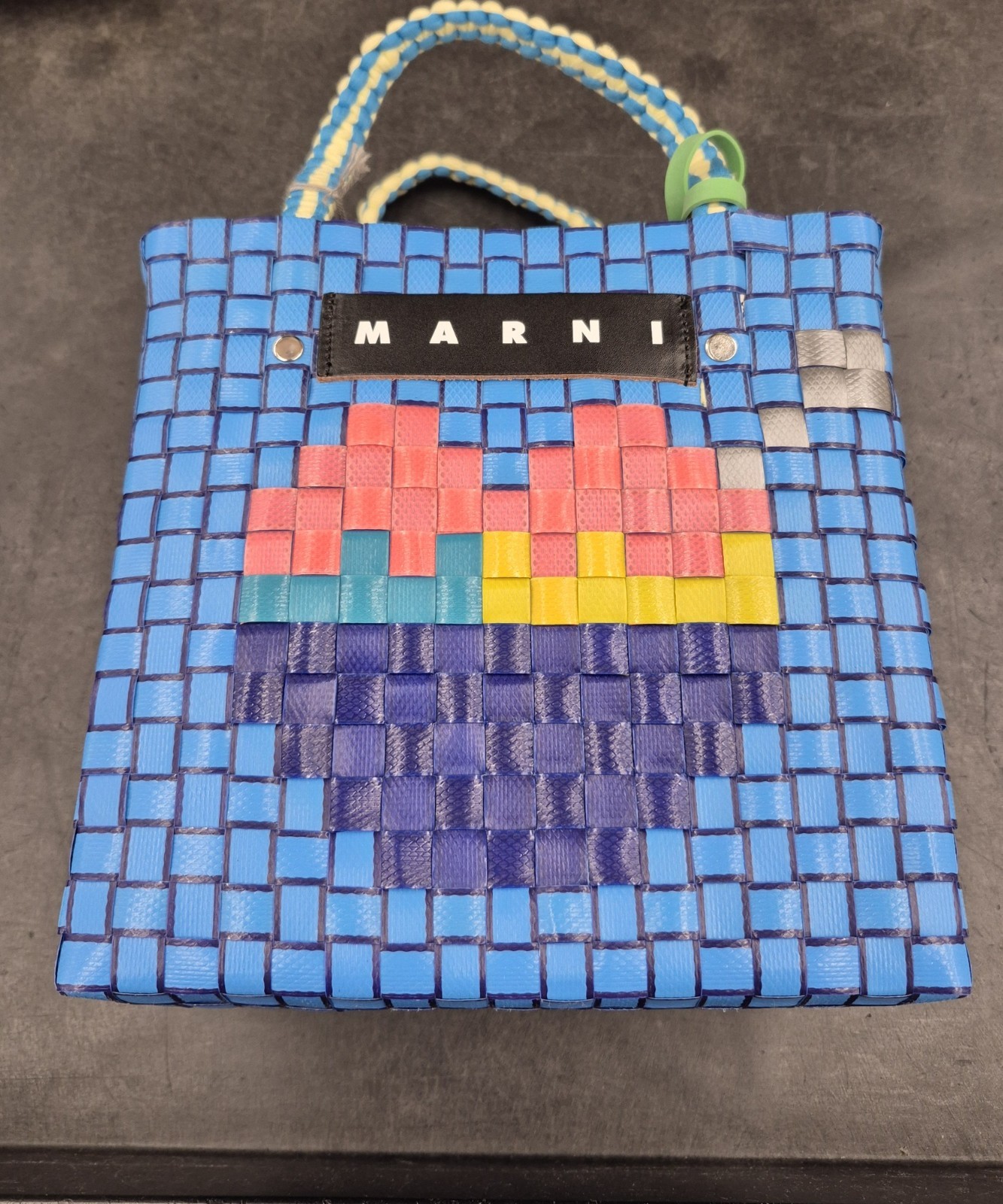Marni Market Woven Basket Tote Bag Blue Pixel Flower New With Tags and Dust Bag
