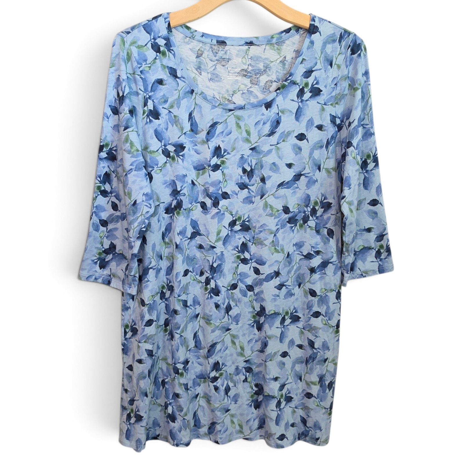 Pure Jill J Jill Top Womens Large Blue Floral Ballet Sleeve Tunic Cotton Modal