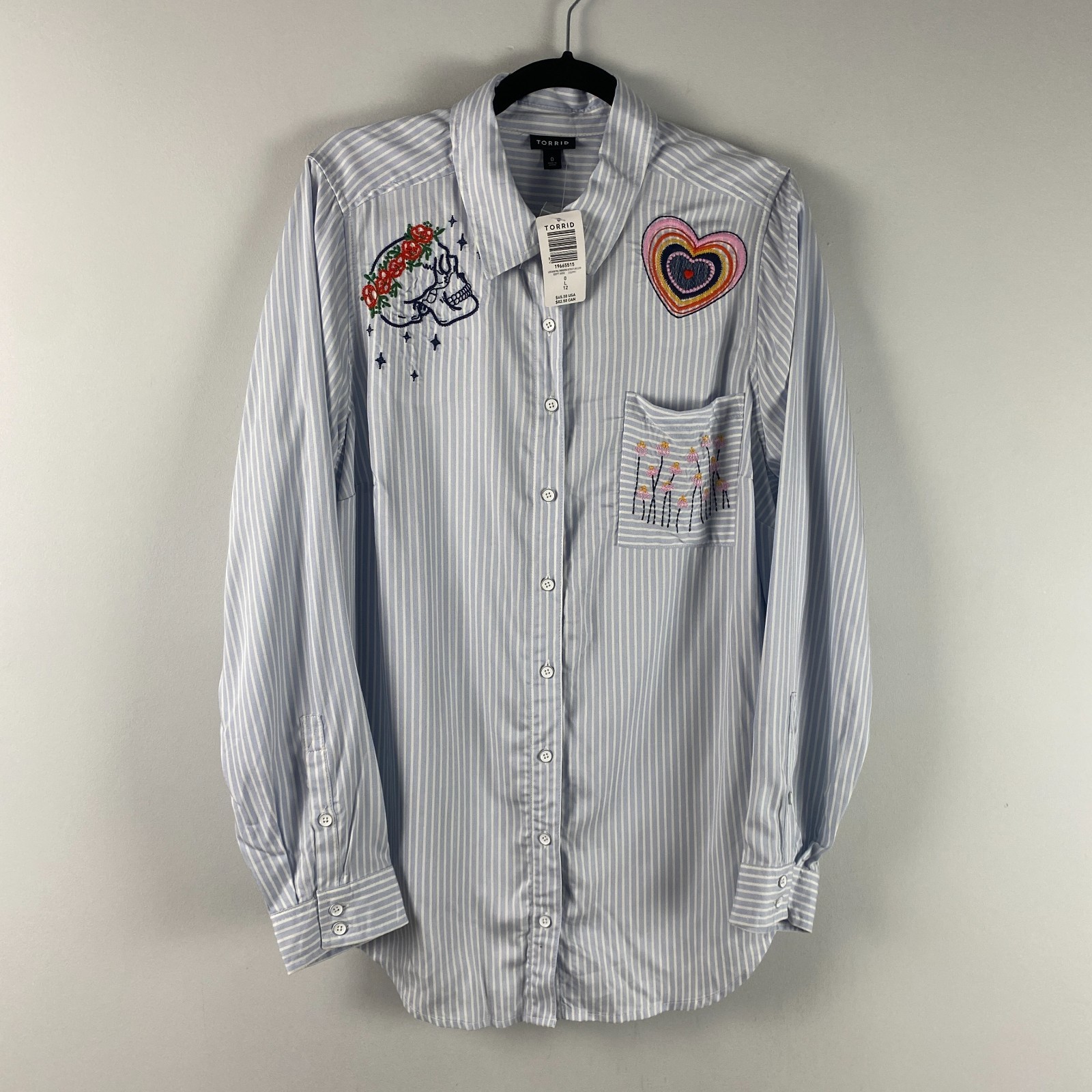 Torrid Lizzie Embroidered Button Shirt Size 0X Large Skull Heart Flowers Stripe