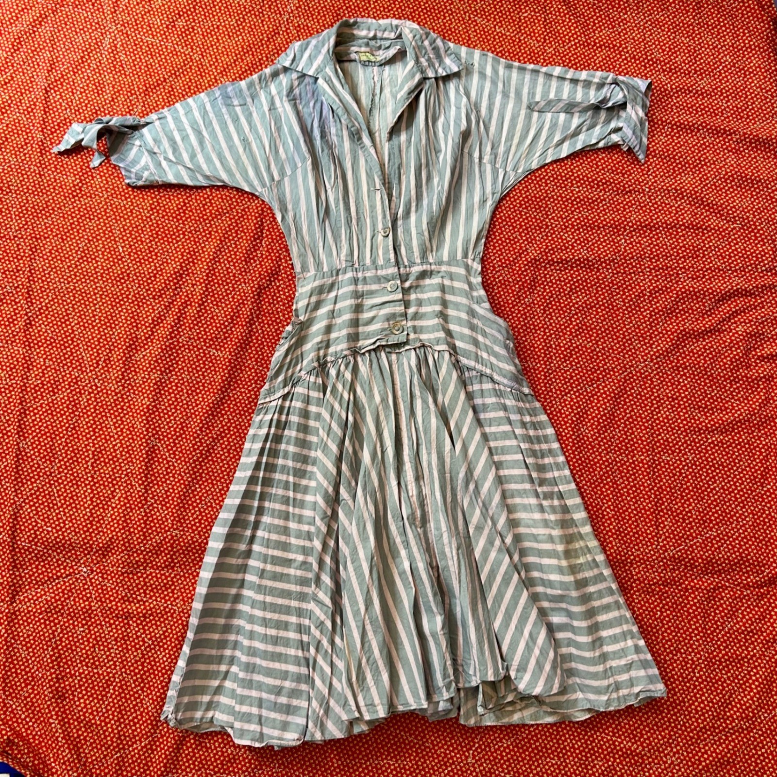 Vintage antique 1940s Jack Kopp Striped Fit & Flare cotton Dress grey Pink Small