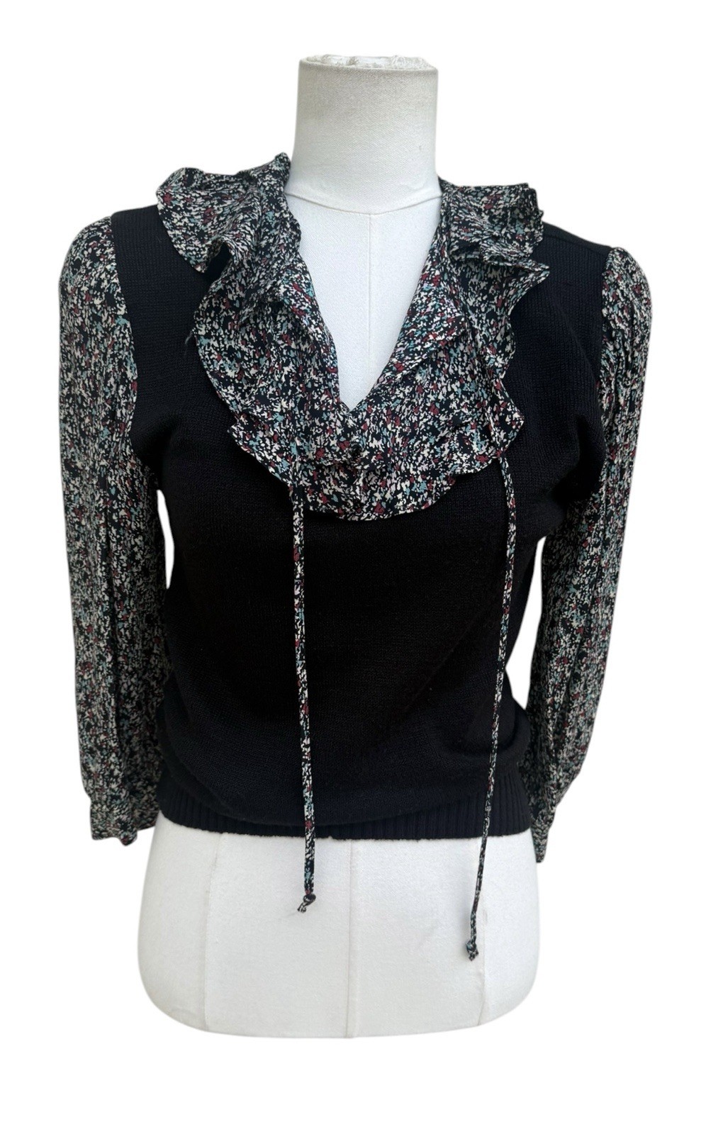 Vintage 80s Act I Petites Sweater Blouse Ruffle Collar Puff Sleeve Black Floral