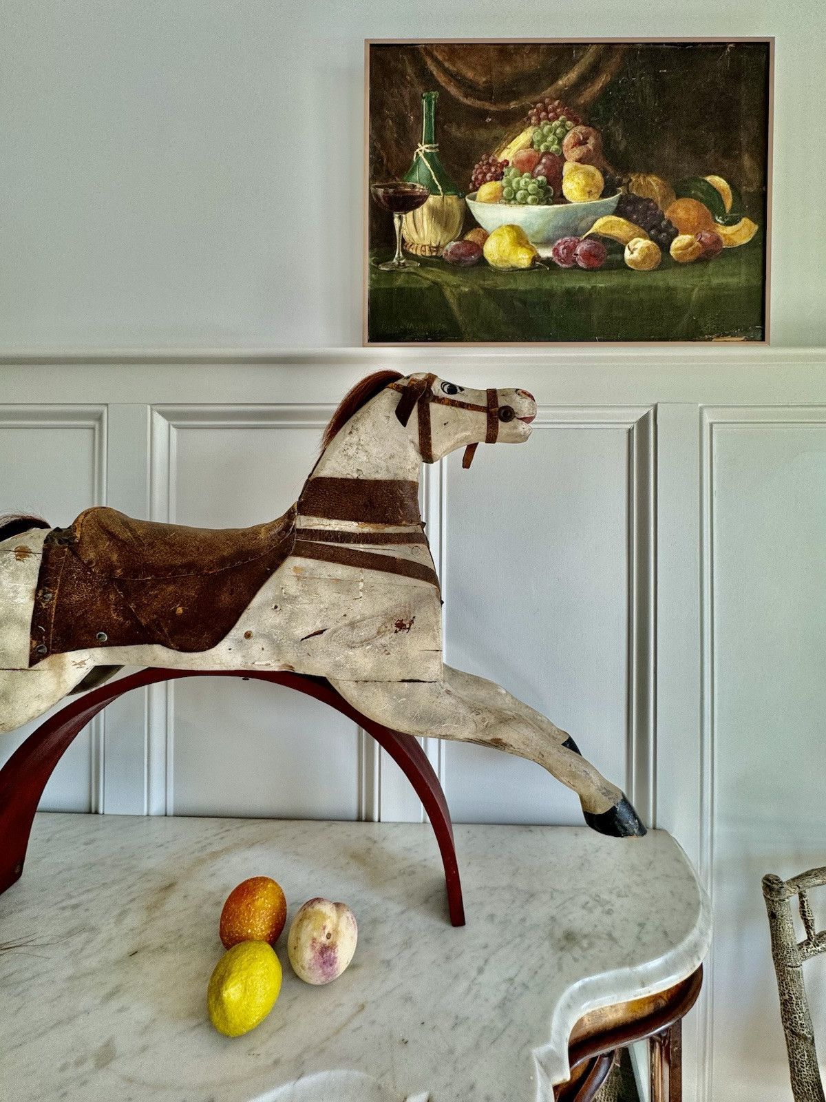 Antique Late 19th Century carved wood  iron Whitney Reed Rocking Horse sculpture