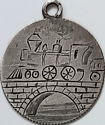 Pictorial Love Token Locomotive Train Car Choo-Choo Stone Bridge River FHT Dime