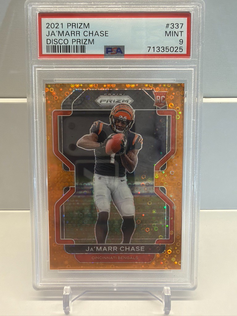 2021 Panini Prizm Ja\'Marr Chase #337 Orange Disco Prizm RC PSA 9