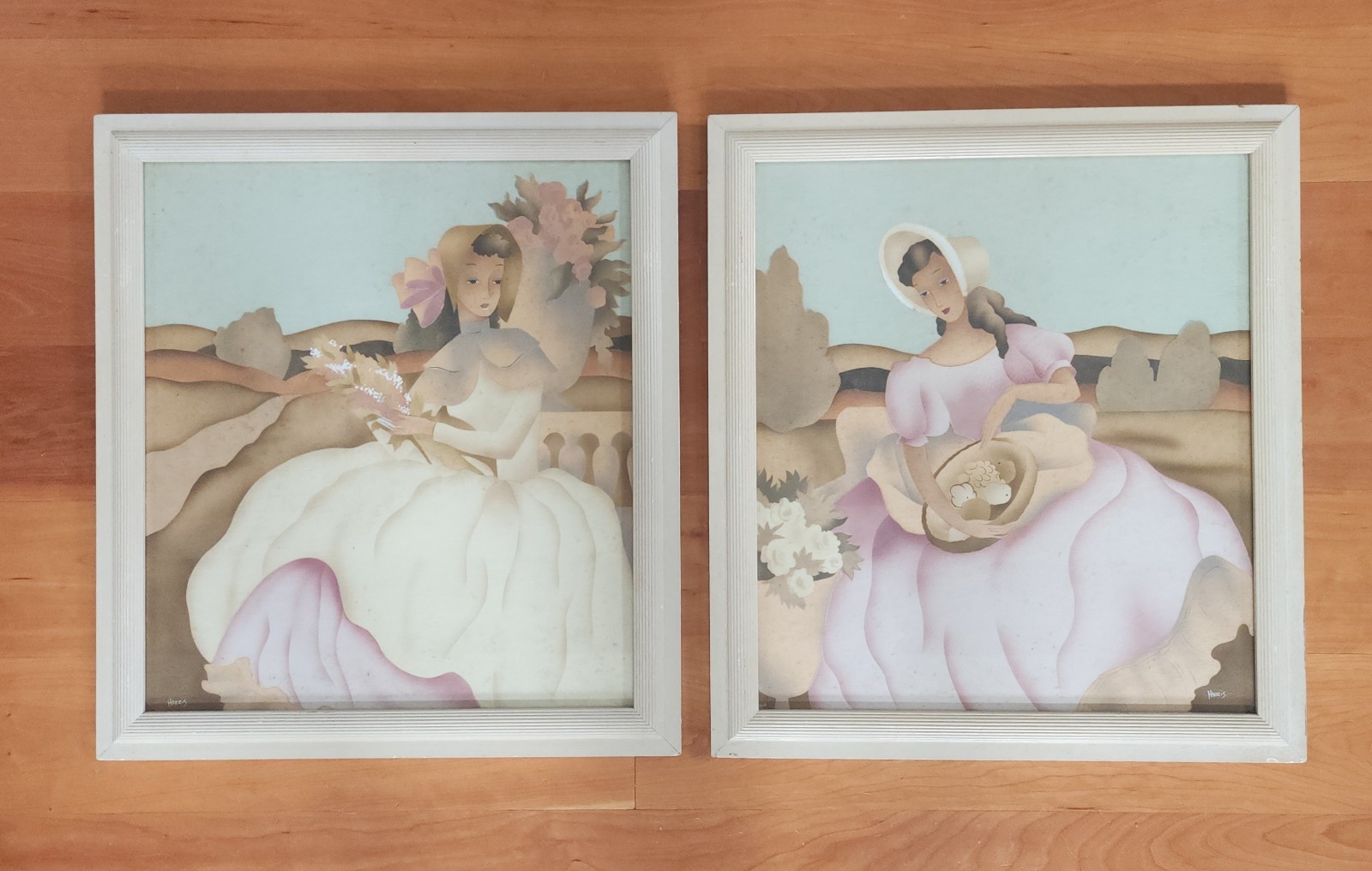 Pair  Beautiful Art Deco Southern Belles Handcolored Lithographic Harris Prints