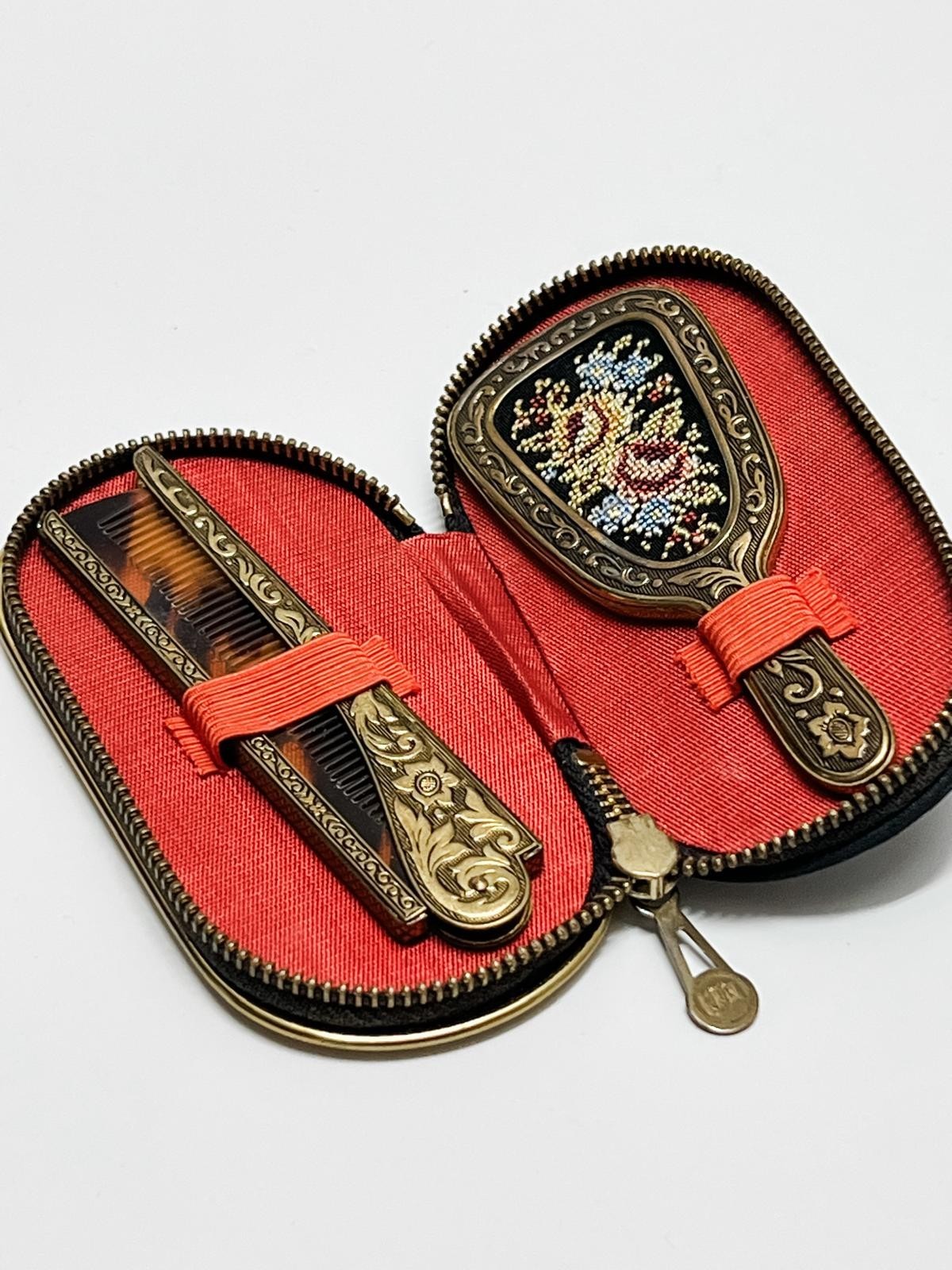 NEW Vintage EIN West Germany Petit Point Silk Embroidery Mirror & Compact Case