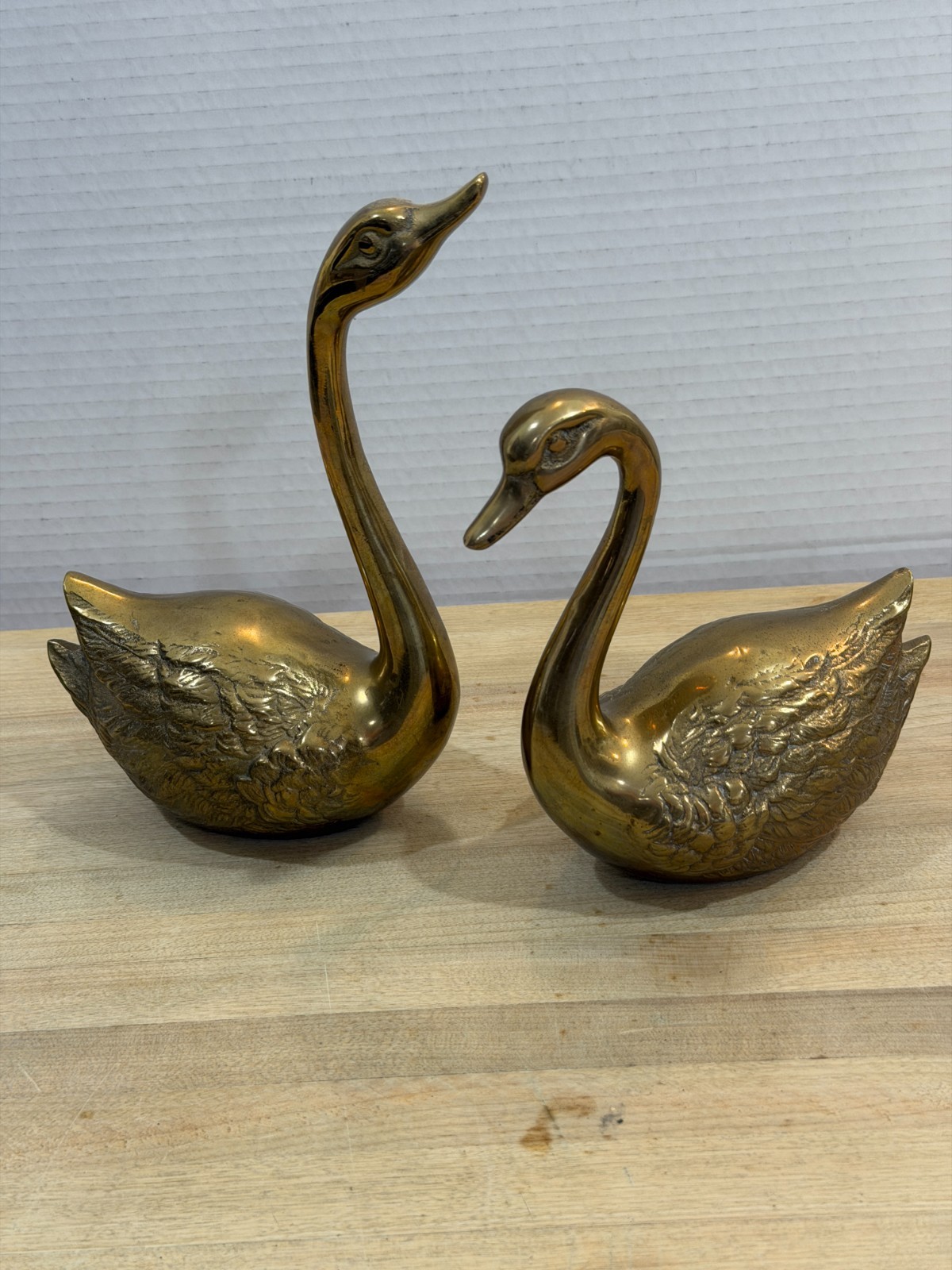 Vintage Brass Swan Set Pair MCM Hollywood Regency Etched Feather