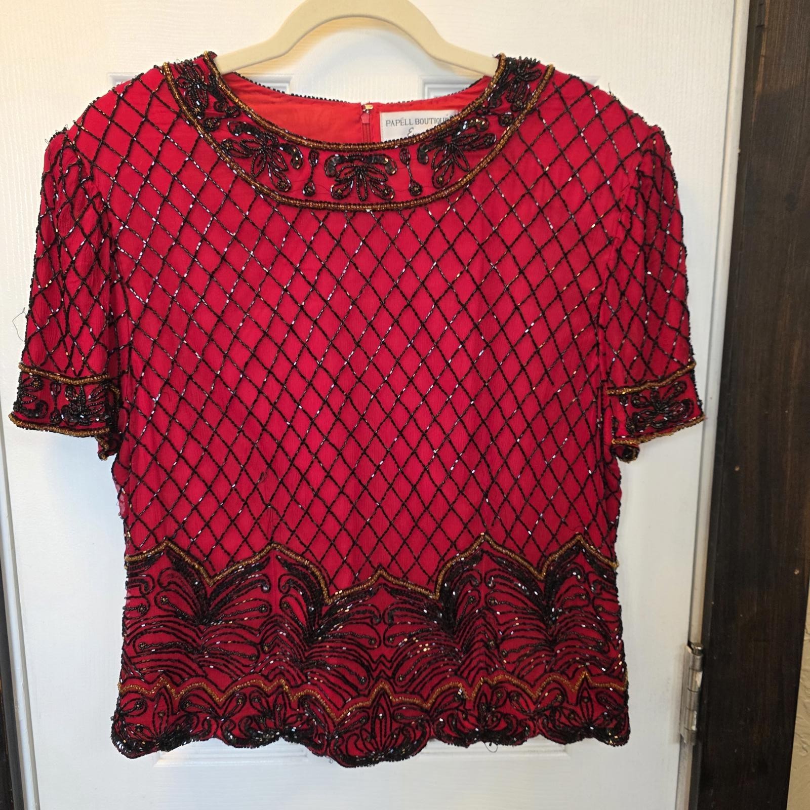 Papell Boutique Evening Beaded Silk Top in Red & Black- Size XL Papell Boutique Evening Beaded Silk Top in Red & Black- Size XL
