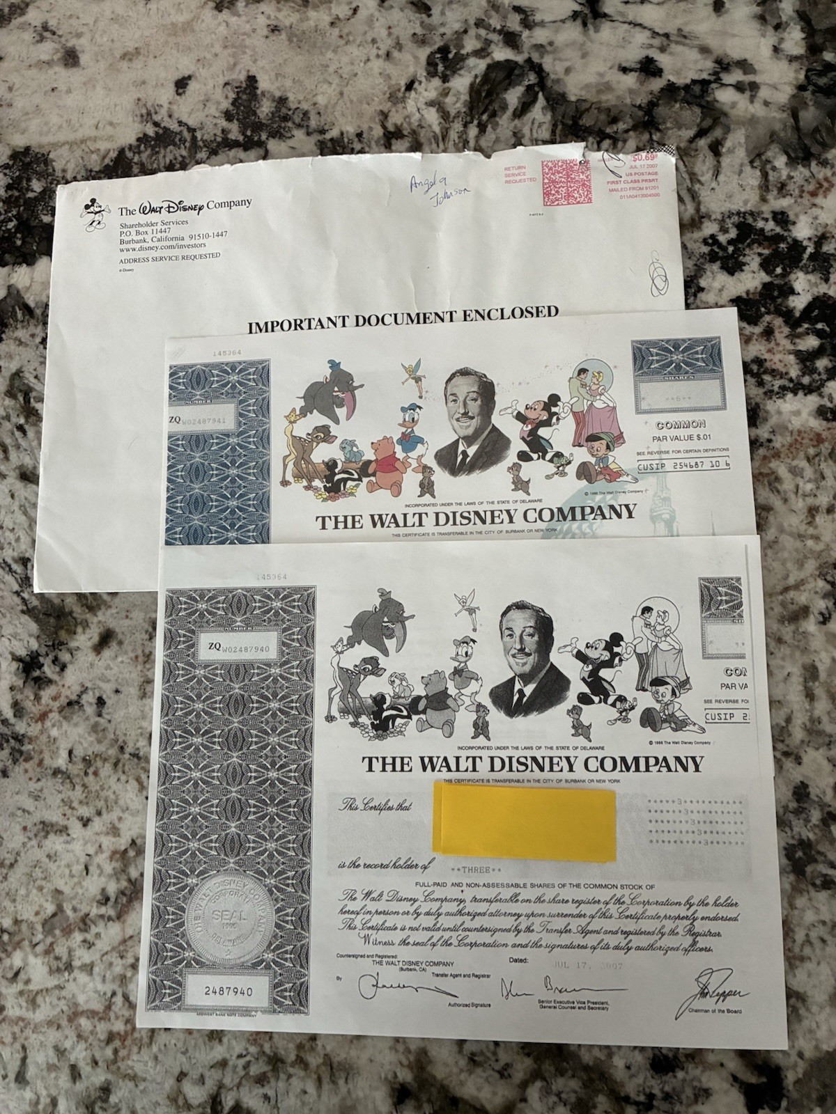 2 Walt Disney Stock Certificate 2007 9 Shares 2 Walt Disney Stock Certificate 2007 9 Shares