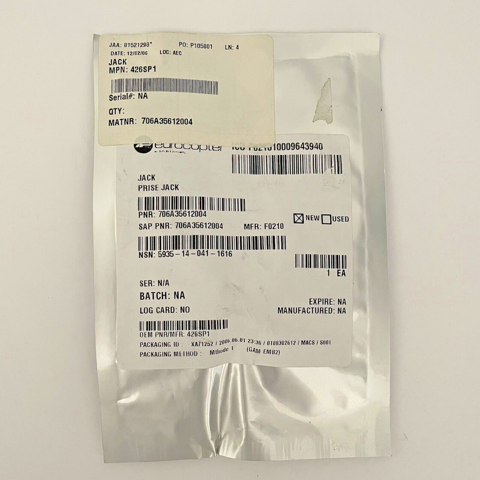 AIRBUS / EUROCOPTER 426SP1 JACK P/N 706A35612004 NEW (6 AVAILABLE)