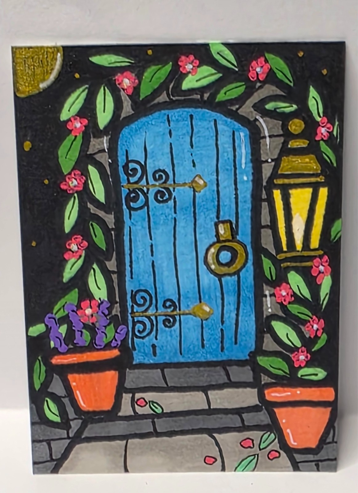 Original ACEO Art Card Hand Drawn Whimsical Folk Art Black & Gold – secret door Original ACEO Art Card Hand Drawn Whimsical Folk Art Black & Gold – secret door