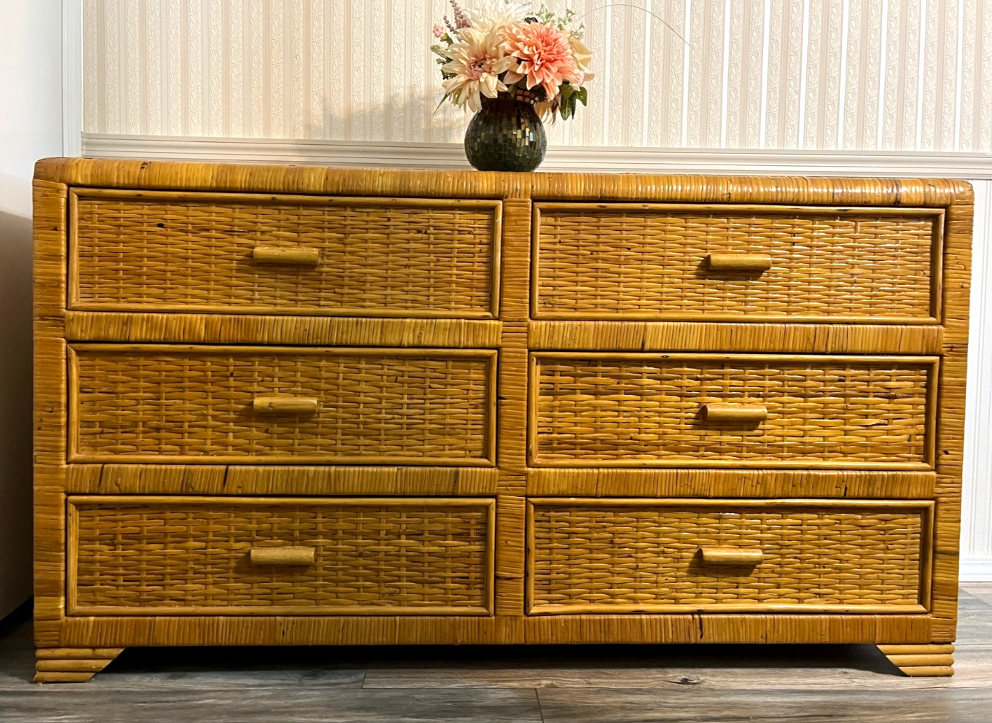 Vintage Mid Century Cottage Coastal Wrapped Rattan Bamboo 6 Drawer Dresser FL PU