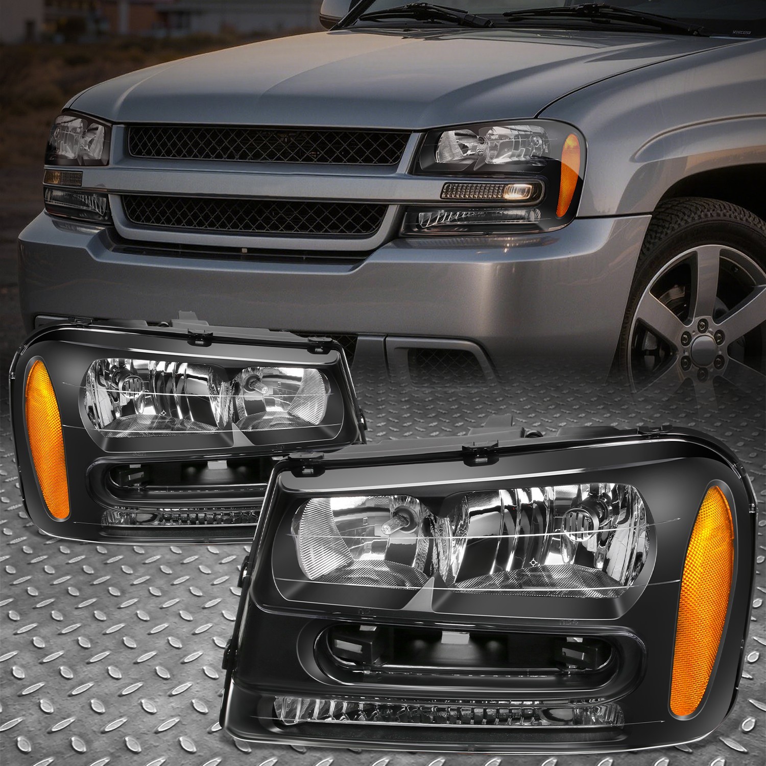 FOR 02-09 CHEVY TRAILBLAZER EXT BLACK HOUSING AMBER CORNER HEADLIGHT HEAD LAMPS
