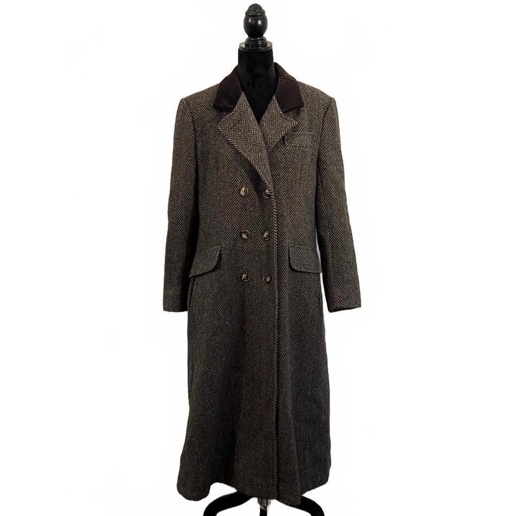 Vintage 1960’s Brown Wool Herringbone Double Breasted Long Winter Dress Coat