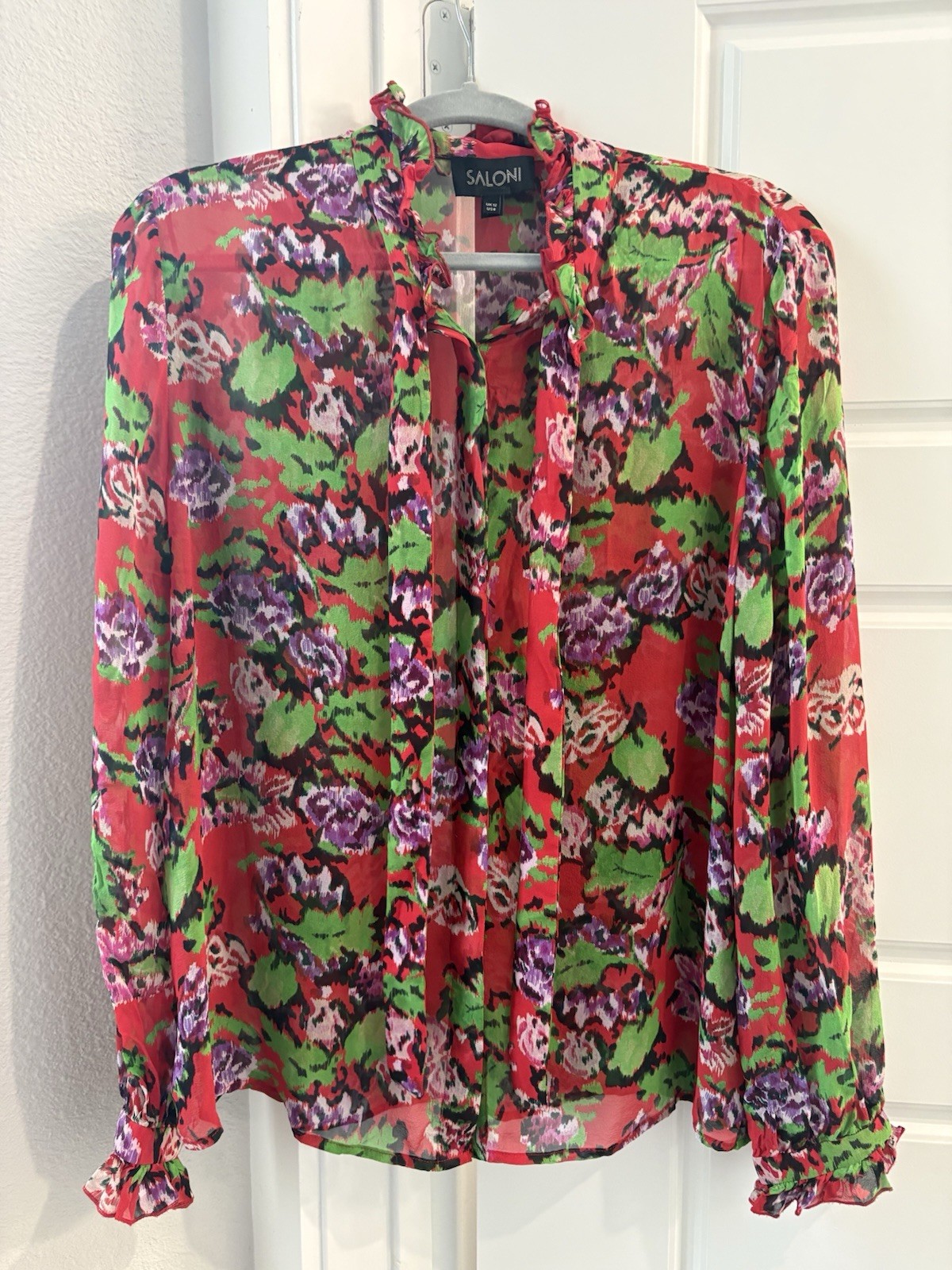 SALONI Red Floral Silk Ruffle-Trim Blouse