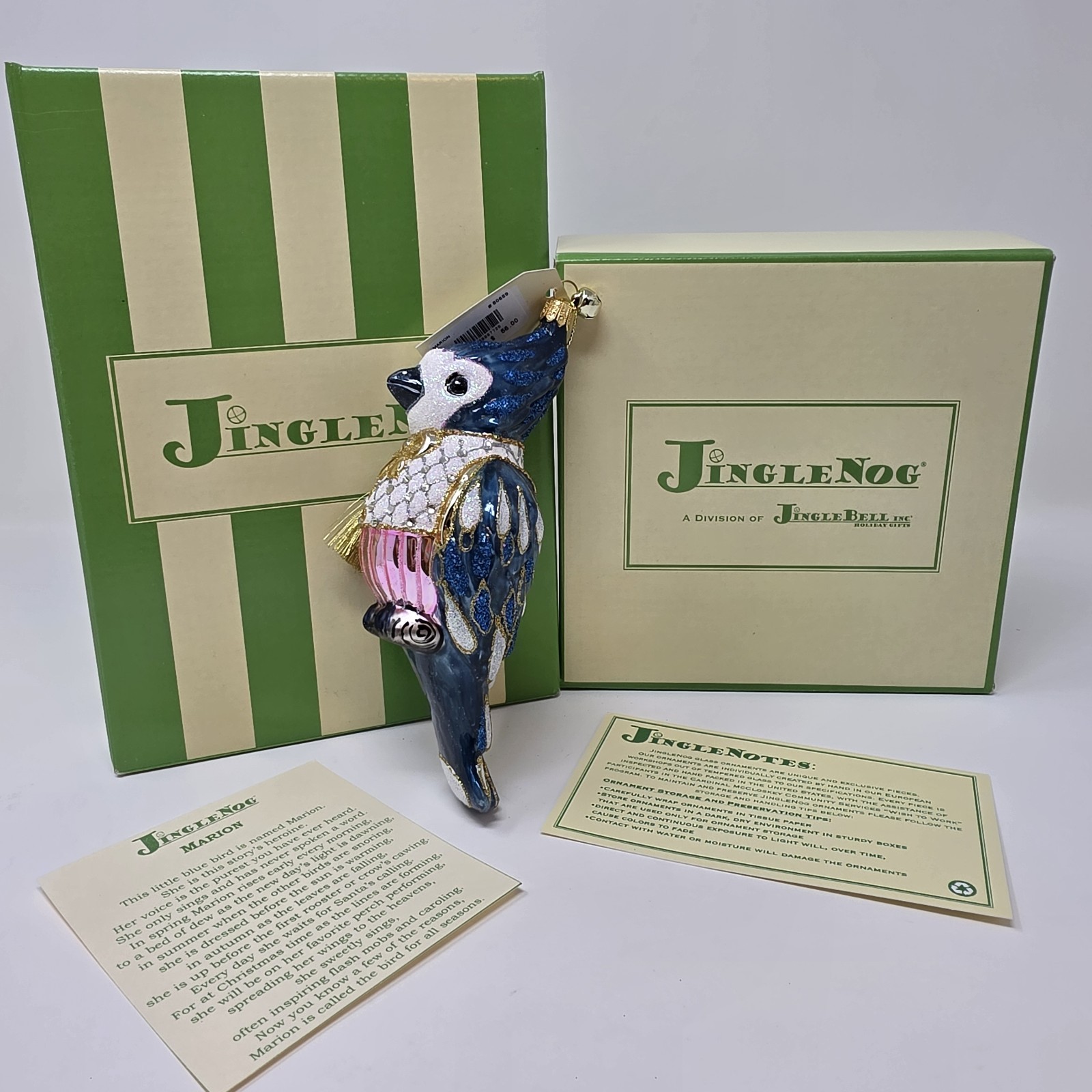 NIB JingleNog Marion Blue Bird Ornament #80689 Hand Blown & Painted in Poland