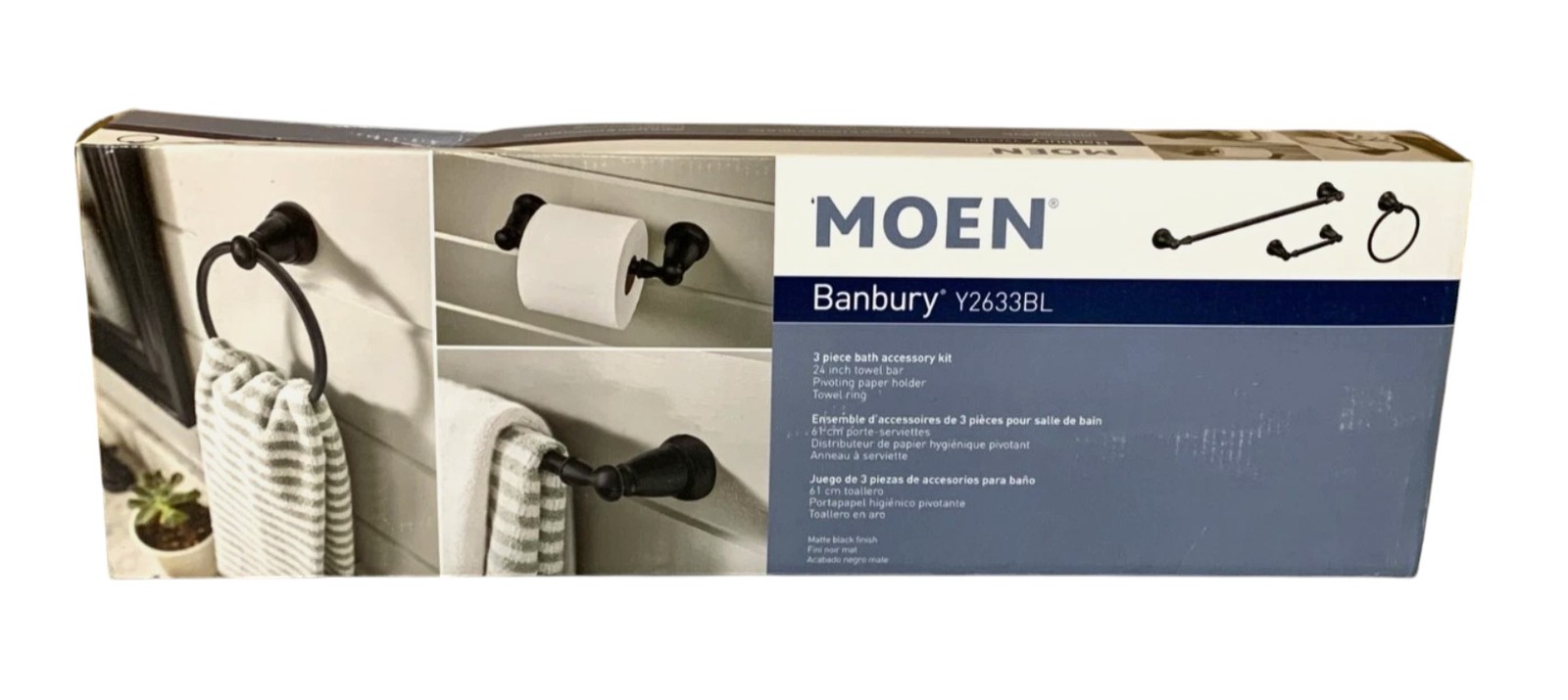 MOEN Banbury 3-Piece Bath Hardware Set Matte Black Towel Bar Ring TP Holder